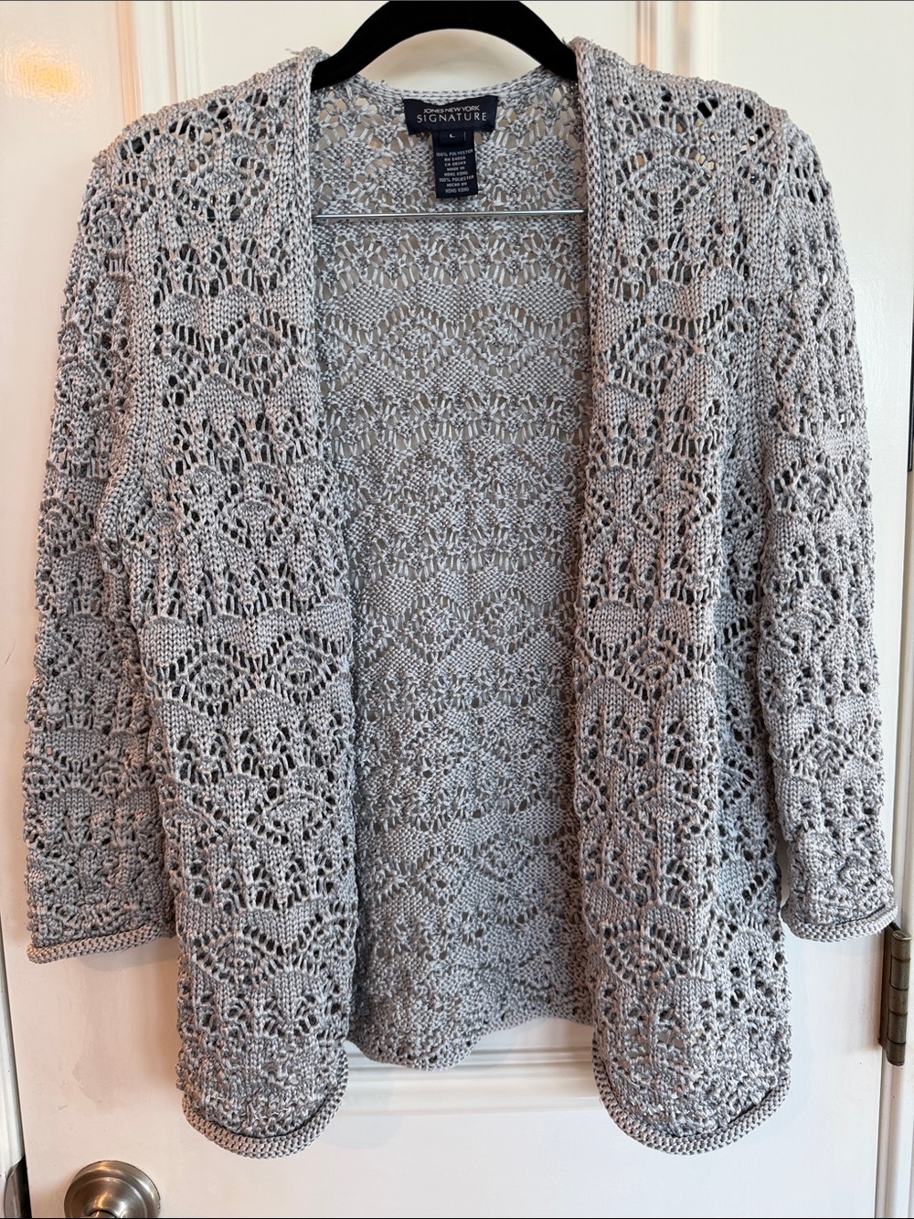 Jones New York Gray Openwork Crochet Cardigan